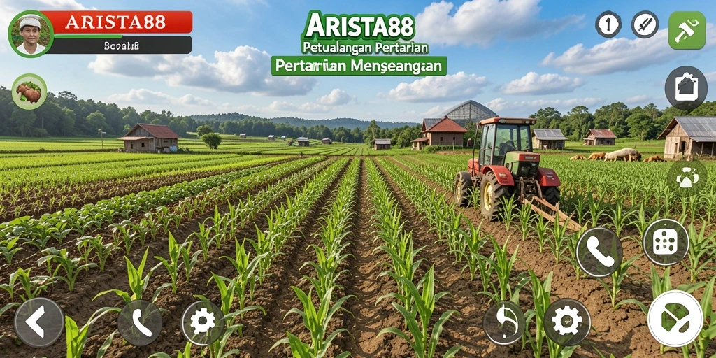Screenshot dari gameplay ARISTA88 yang menampilkan lahan pertanian yang subur.