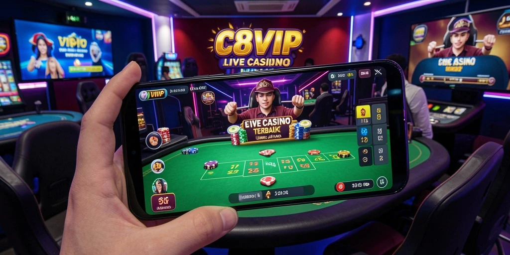 Screenshot C8VIP menampilkan dealer profesional dan permainan kasino langsung.