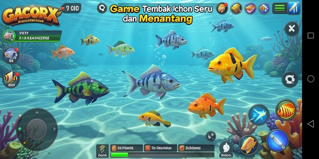 Tampilan layar gameplay GACORX dengan aksi menembak ikan yang seru.