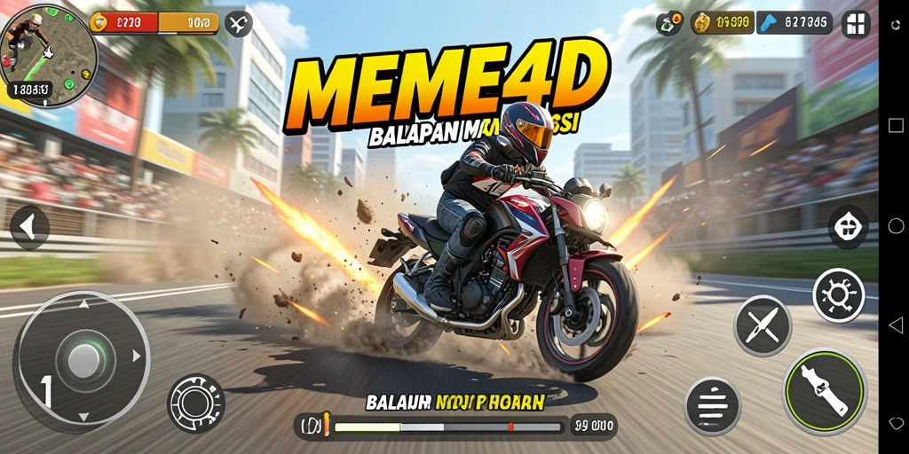 Gameplay seru MEME4D dengan motor balap dan trek menantang.