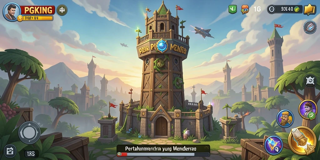 Tampilan gameplay PGKING dengan menara dan musuh yang menantang.