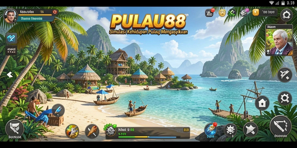Tangkapan layar gameplay PULAU88 dengan aktivitas seru di pulau tropis.